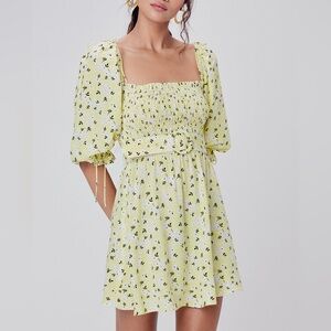 For Love & Lemons Chrysanthemum Mini Dress Lemonade Yellow Floral Medium